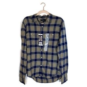 NWT Lucky Brand Mens Flannel Shirt Sz S Long Sleeve Plaid Gray Blue Orange Soft